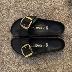 Birkenstock Black Slides with Gold Buckle